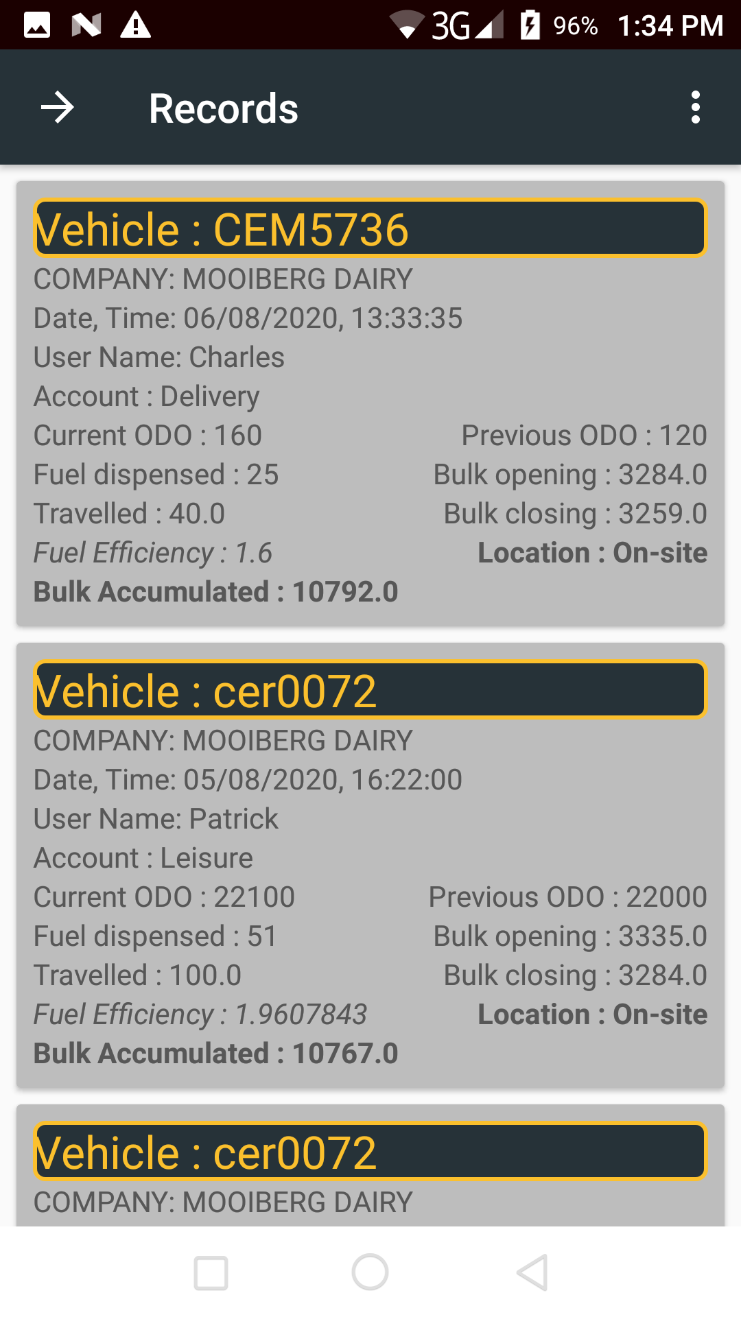 Liquitrack Fuel Record App, showings fuel tracking records per vehicle, driver.